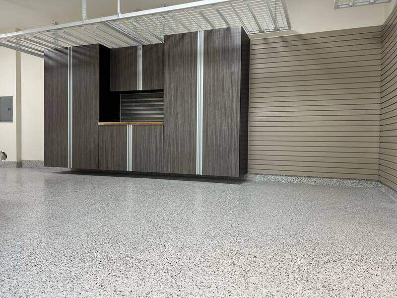 Storage cabinets and racks in a garage